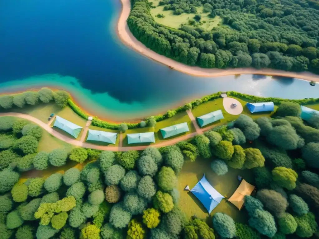 Campamento en Uruguay rodeado de naturaleza con carpas, fogatas y actividades al aire libre