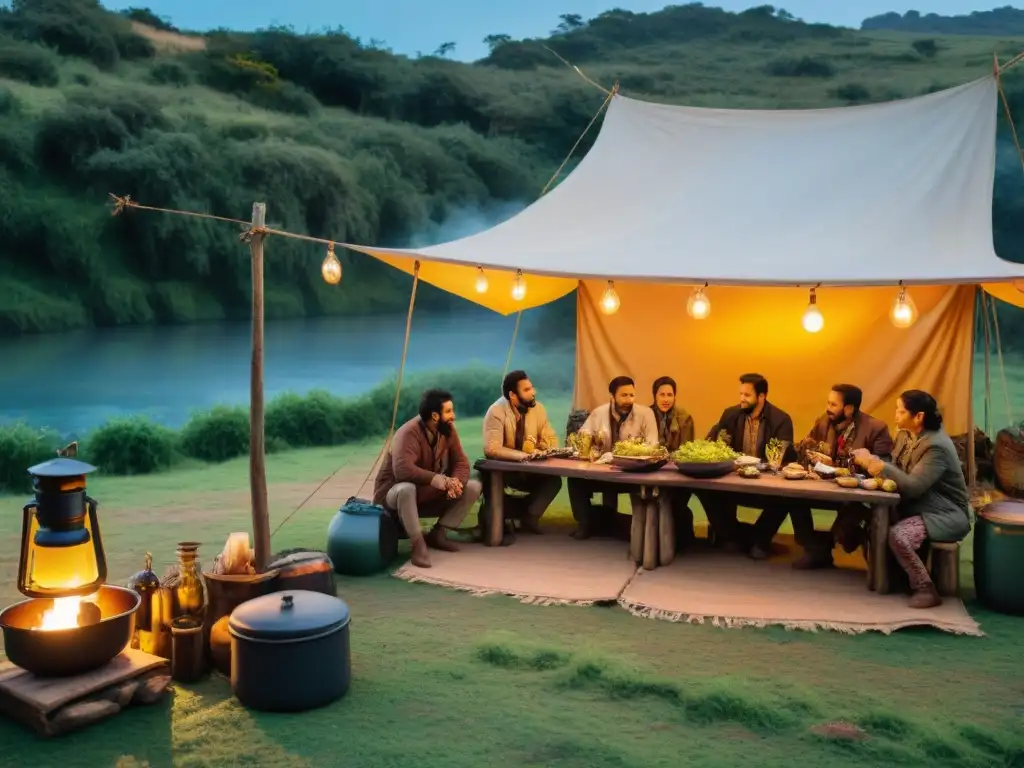 Un campamento rústico al atardecer en Uruguay con cocinas portátiles para camping