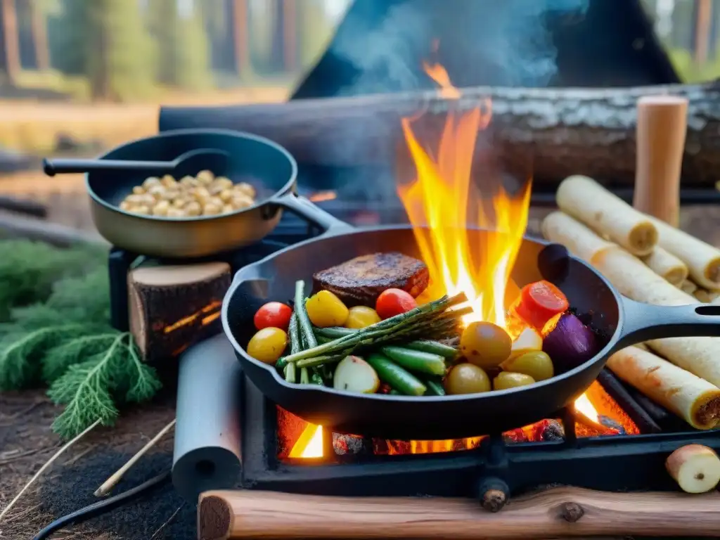 Un campamento rústico en el bosque al atardecer, con una sartén de hierro, una olla burbujeante y una mano cocinando una tortita dorada