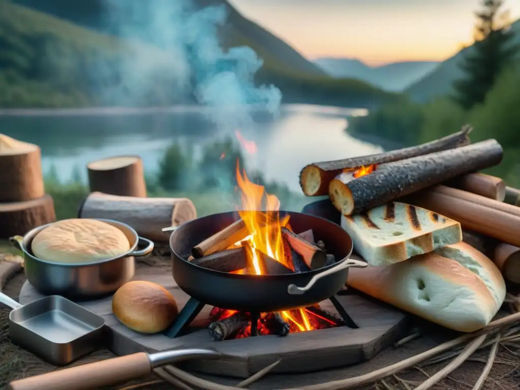 Un campamento rústico al amanecer con campistas preparando recetas de pan sobre fogata en el bosque