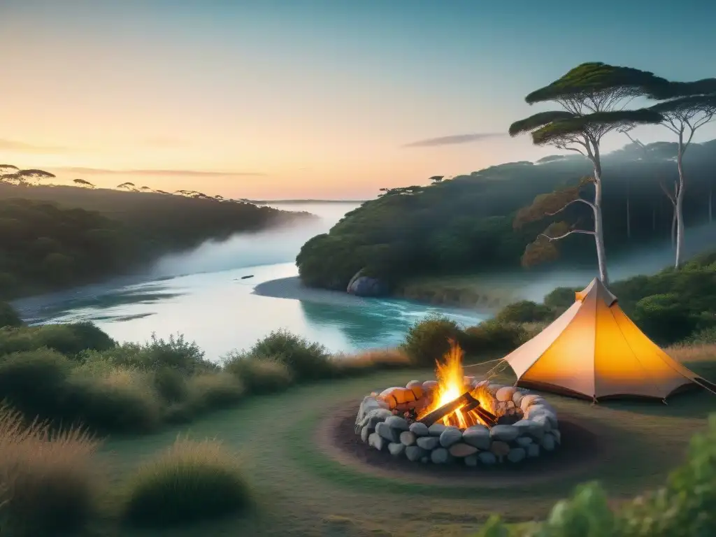 Un campamento secreto en Uruguay: amigos riendo alrededor de la fogata, junto al río al atardecer