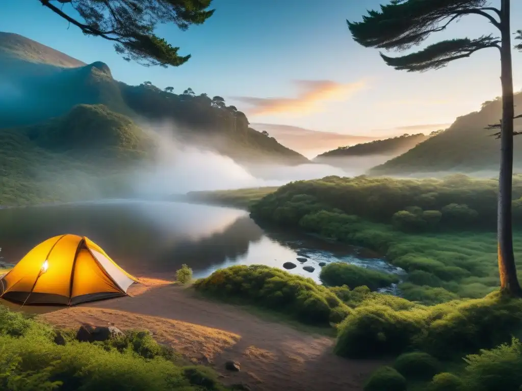 Un campamento secreto en Uruguay: tienda solitaria bajo árboles, arroyo y fogata