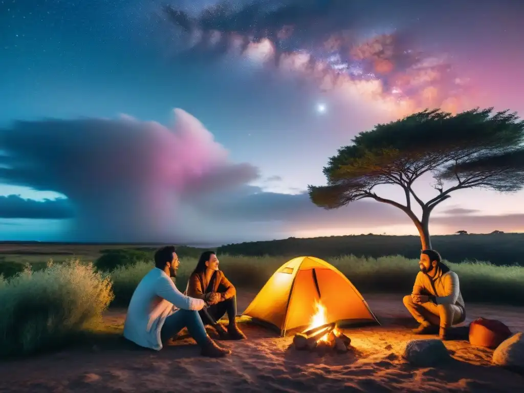 Un campamento seguro y acogedor al atardecer en Uruguay, rodeado de naturaleza exuberante y amigos disfrutando de la noche estrellada