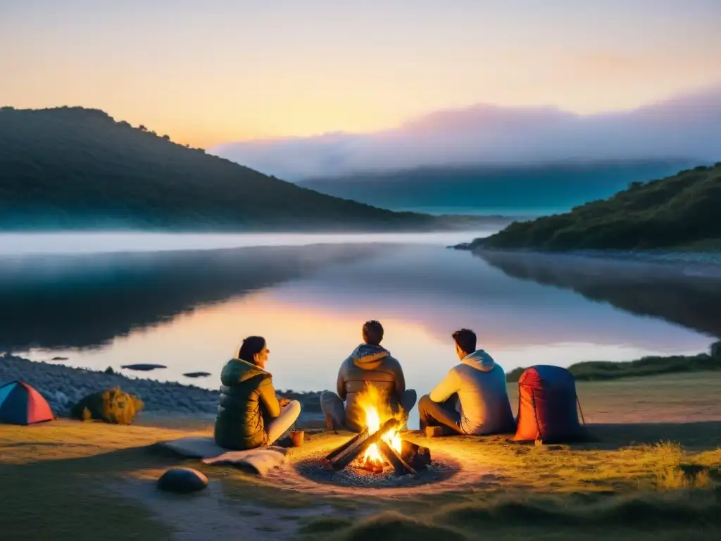 Un campamento seguro cerca del agua: amigos disfrutan de una tarde cálida junto a la fogata en la orilla de un lago al atardecer en Uruguay