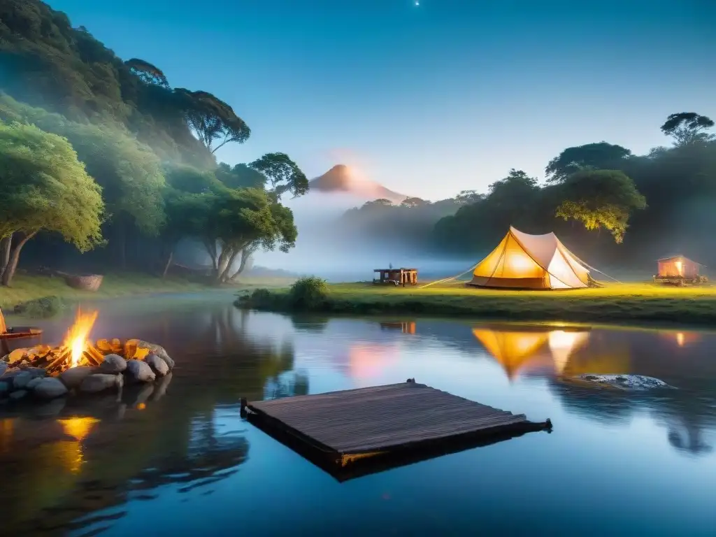 Un campamento seguro cerca del agua en Uruguay: un refugio tranquilo junto a un río sereno bajo un cielo estrellado