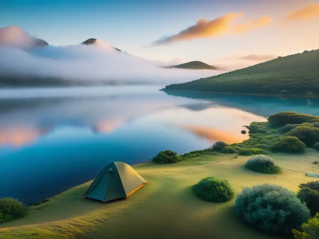 Campamento seguro cerca del agua: tienda acogedora junto al lago al atardecer en Uruguay