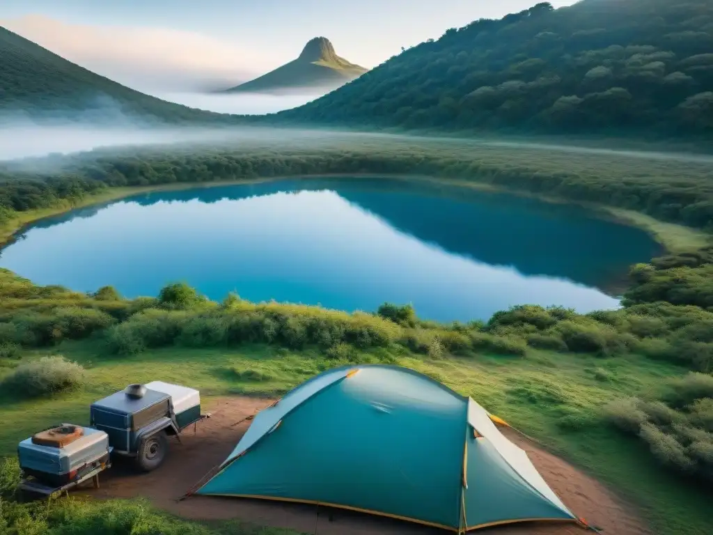 Un campamento seguro cerca del agua en Uruguay: tiendas de campaña y equipo para fogata en armonía con la naturaleza