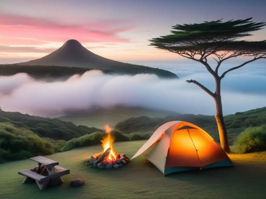 Un campamento seguro en Uruguay con atardecer sereno y fogata cerca