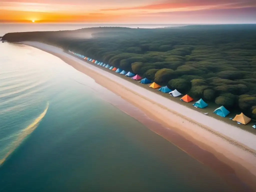 Campamento seguro en playa de Uruguay al atardecer, con fogata y tiendas de colores