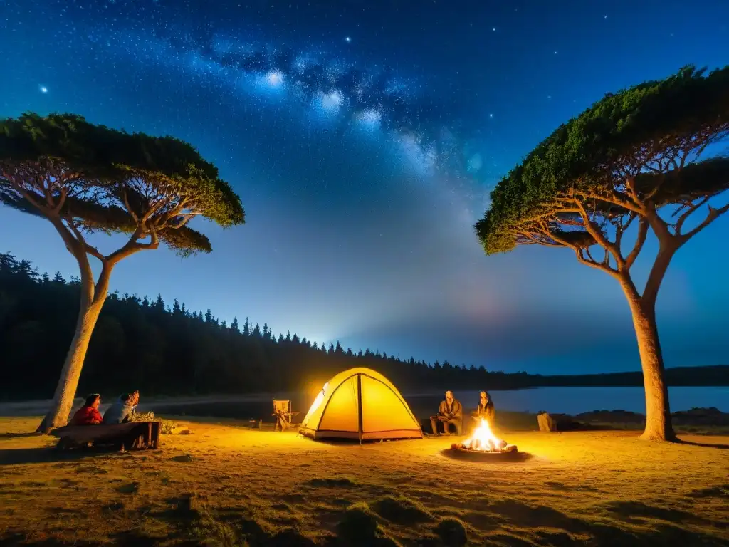 Un campamento sereno en un área de conservación en Uruguay: amigos compartiendo historias alrededor de una fogata bajo un cielo estrellado