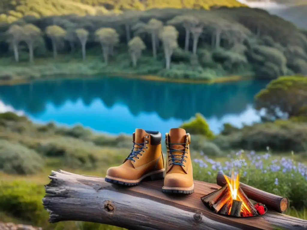 Un campamento sereno en un área de conservación en Uruguay, con tienda, naturaleza exuberante y ambiente tranquilo al amanecer