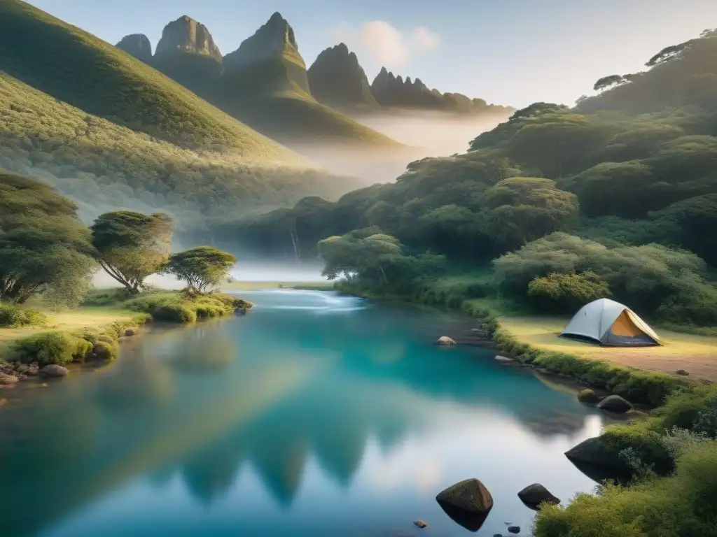 Campamento sereno en Uruguay al amanecer con arroyo cristalino, resaltando sistemas purificación agua camping