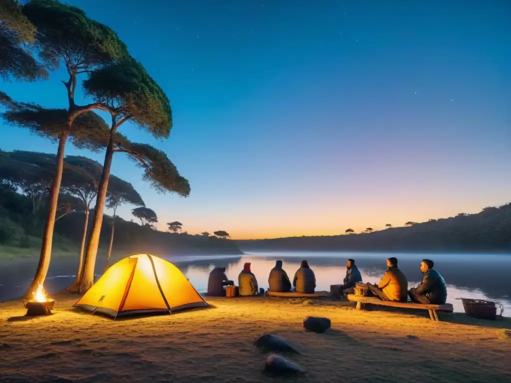 Un campamento sereno al atardecer en Uruguay con amigos riendo bajo un cielo estrellado