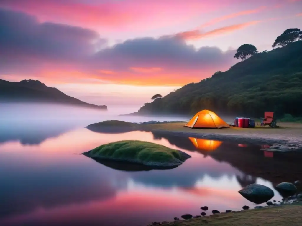 Un campamento sereno en Uruguay al atardecer, con un cielo naranja y rosa reflejado en un lago tranquilo