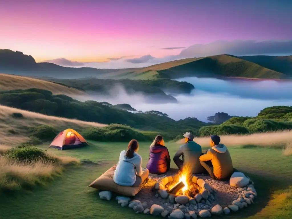 Un campamento sereno al atardecer en Uruguay, con una colorida puesta de sol y amigos riendo alrededor de la fogata