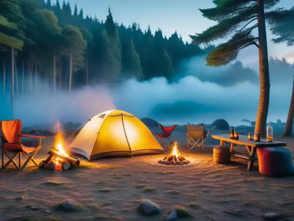 Campamento sereno al atardecer en Uruguay, con fogata brillante y campistas disfrutando