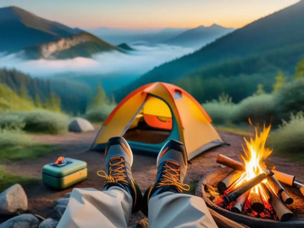 Un campamento sereno al atardecer con fogata brillante y equipo de camping