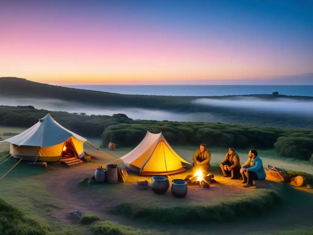 Un campamento sereno al atardecer en Uruguay con fogata, mate y actividades de camping