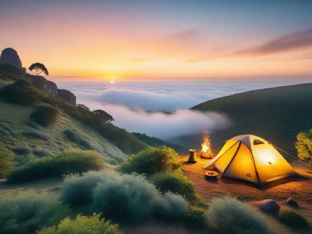 Un campamento sereno en Uruguay al atardecer, iluminado por una tienda y una fogata, rodeado de naturaleza exuberante