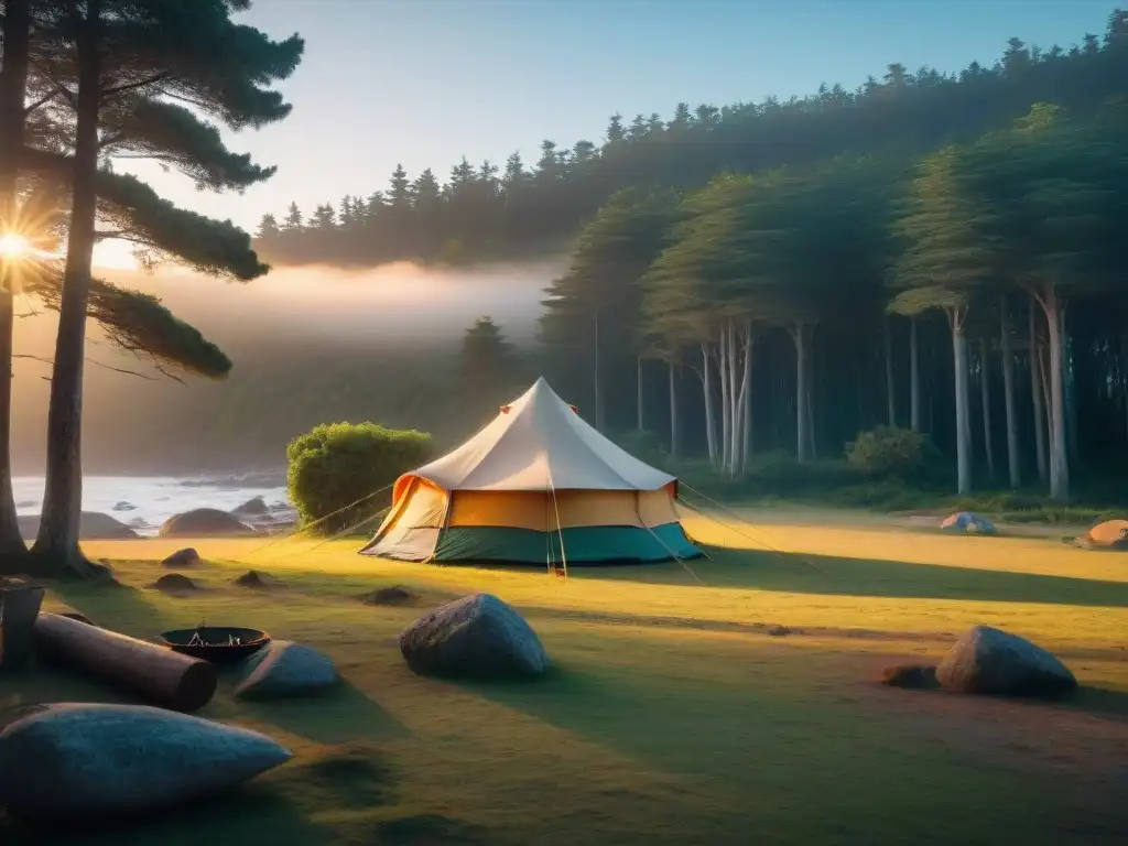 Un campamento sereno al atardecer en Uruguay, con una puesta de sol brillante iluminando una tienda acogedora entre árboles altos