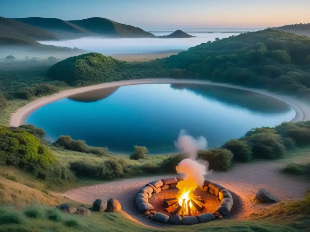 Campamento sereno al atardecer en Uruguay, con río tranquilo y bosque verde