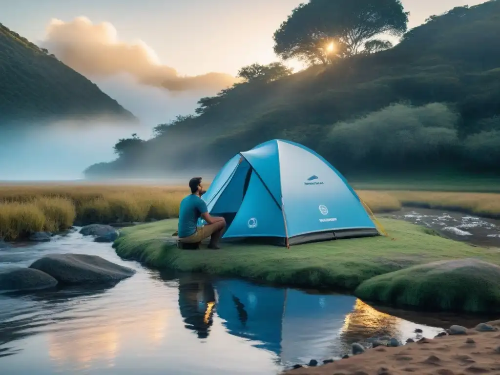 Un campamento sereno en Uruguay al atardecer con un sistema de purificación de agua de alta tecnología