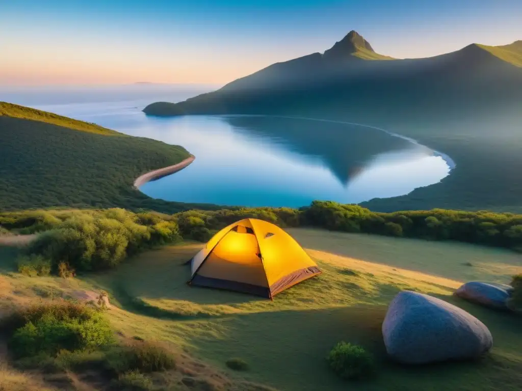 Campamento sereno en Uruguay al atardecer, con tienda acogedora y fogata, reflejando la belleza natural