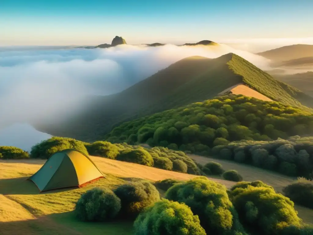 Un campamento sereno en Uruguay al atardecer, con una tienda iluminada y la calidez de una fogata