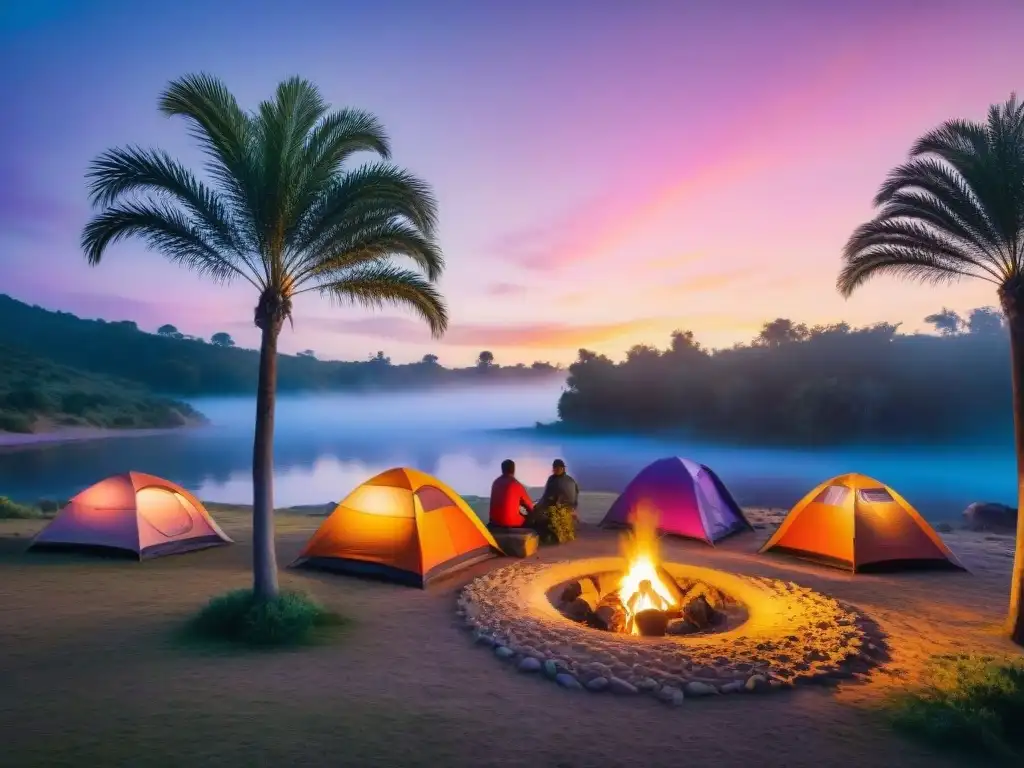 Un campamento sereno en Uruguay al atardecer: tiendas de colores bajo palmeras, río tranquilo, fogata con campistas diversos