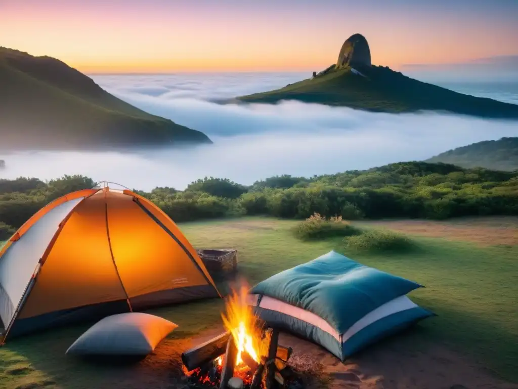 Campamento sereno al atardecer en Uruguay, seguro de viaje camping Uruguay