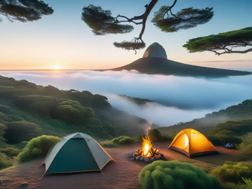 Un campamento sereno en un bosque uruguayo, con carpa, fogata y fotógrafo ajustando cámara al atardecer