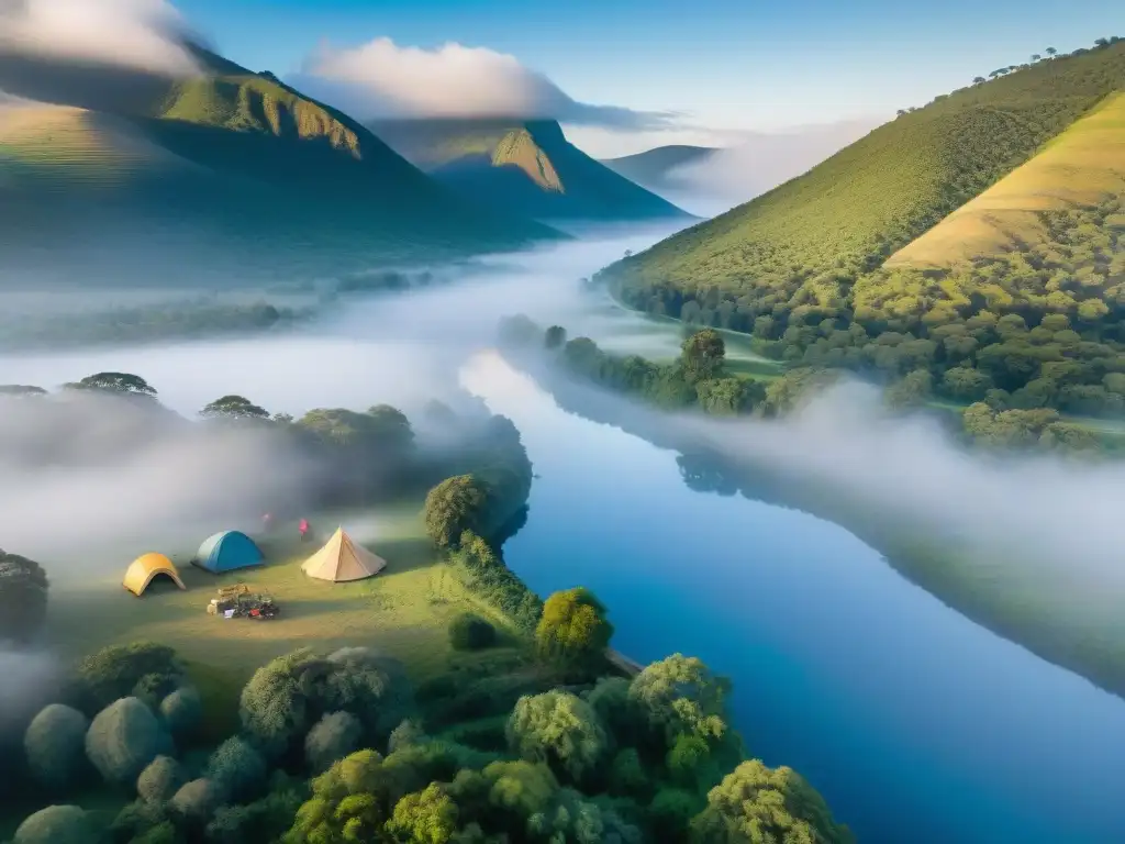 Un campamento sereno entre bosques verdes y un río en Uruguay, equilibrio perfecto entre aventura y relajación