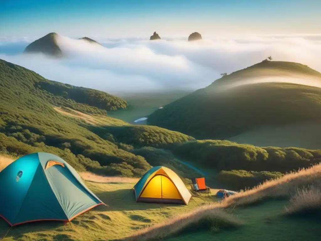 Un campamento sereno en Uruguay con campistas felices alrededor de una fogata, resaltando la belleza y tranquilidad