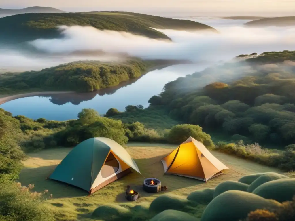 Amanecer en un campamento sereno en Uruguay, con campistas responsables practicando camping responsable en Uruguay