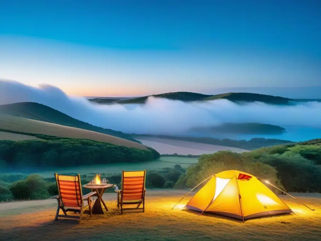 Un campamento sereno en el campo de Uruguay, con tienda de colores bajo el cielo azul