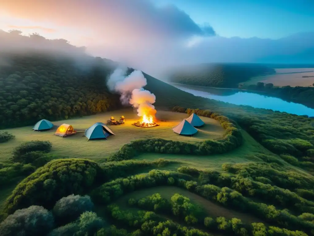 Campamento sereno entre colinas verdes y río cristalino en Uruguay