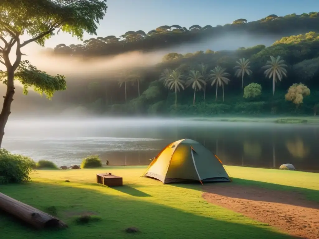 Campamento sereno en Uruguay, lejos de la contaminación acústica, bañado en luz dorada al atardecer con río tranquilo y árboles altos