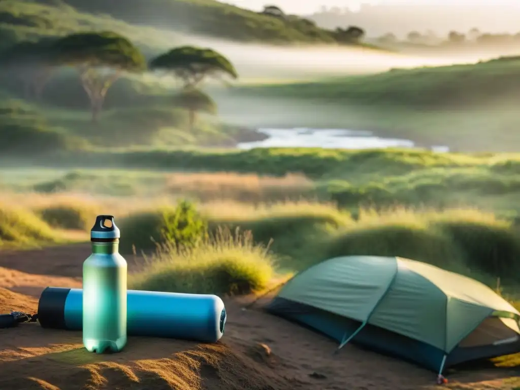 Campamento sereno en la exuberante campiña de Uruguay con filtro de agua portátil en uso cerca de un arroyo cristalino