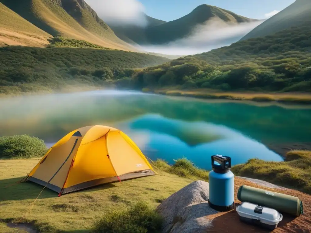 Un campamento sereno en la exuberante naturaleza de Uruguay con un filtro de agua portátil en primer plano y un campista llenando su botella