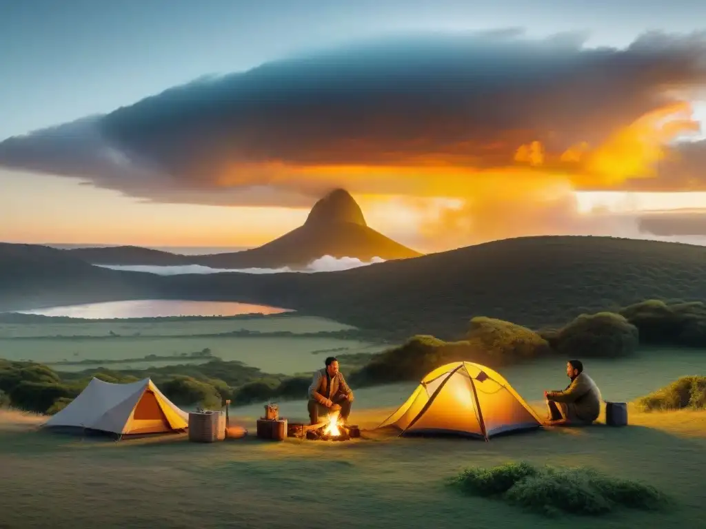 Un campamento sereno en Uruguay al anochecer, con una fogata cálida y campistas diversos disfrutando actividades al aire libre