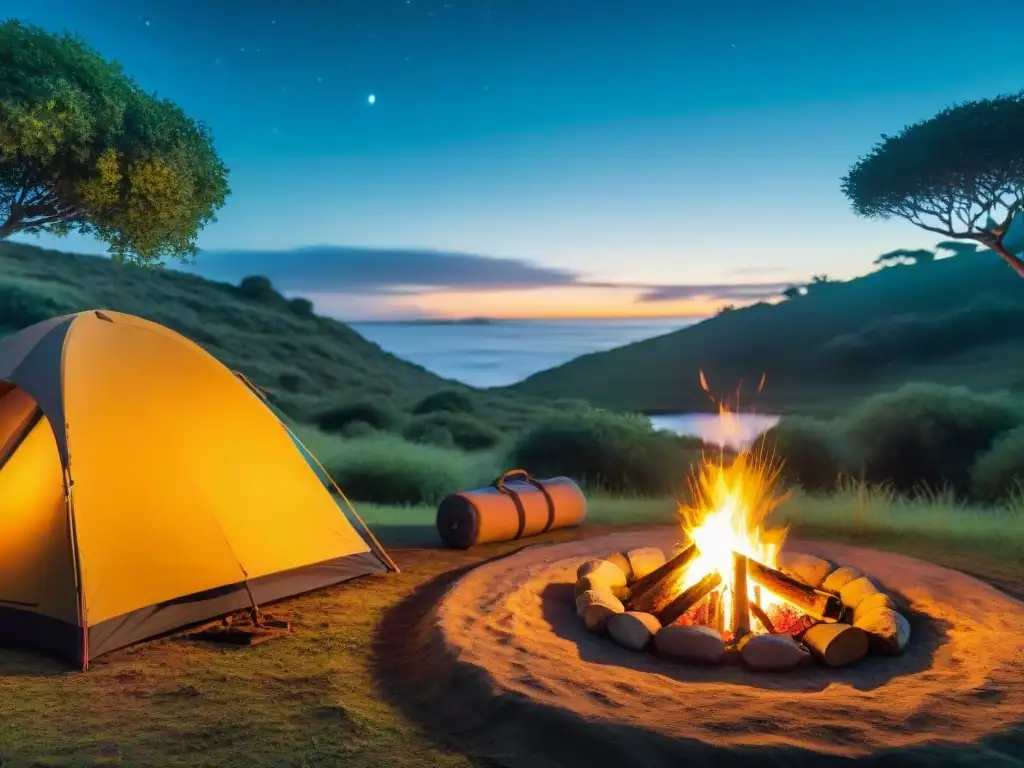 Campamento sereno en Uruguay con fogata, tienda de campaña y naturaleza