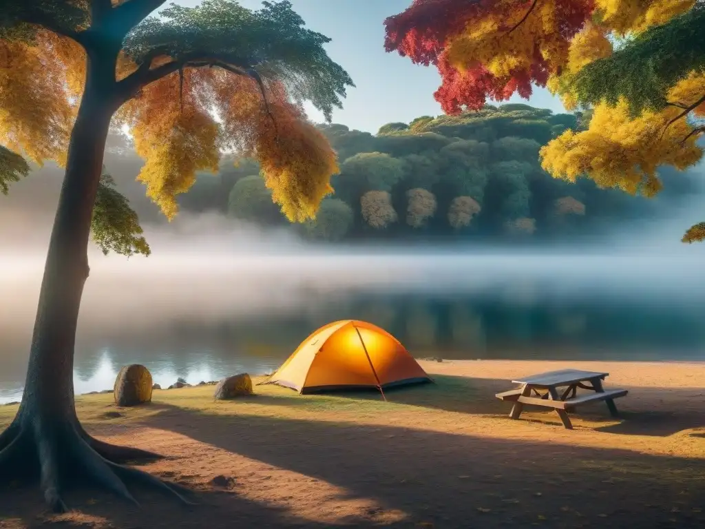 Campamento sereno entre el follaje otoñal de Uruguay, reflejos en lago tranquilo