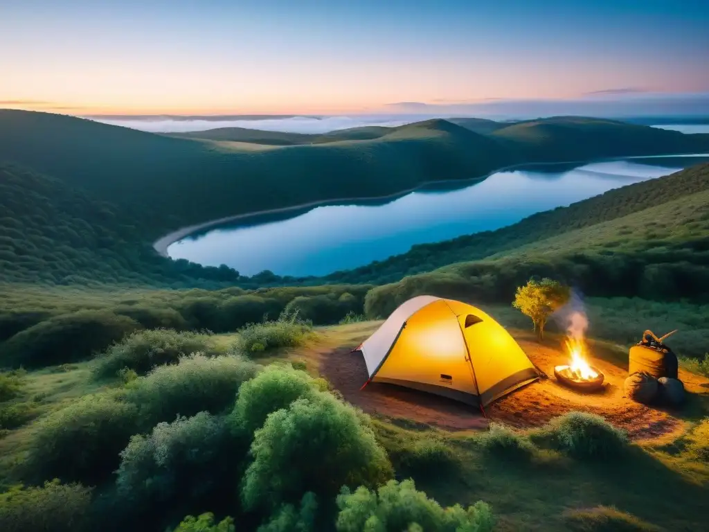 Campamento sereno en Uruguay con mochilas ultraligeras, carpa compacta y fogata bajo el cielo estrellado