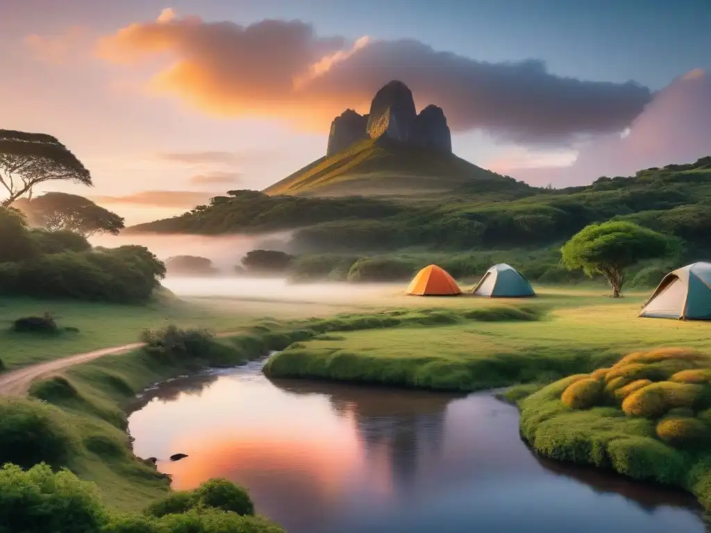 Campamento sereno en Uruguay con naturaleza exuberante, arroyo y atardecer colorido