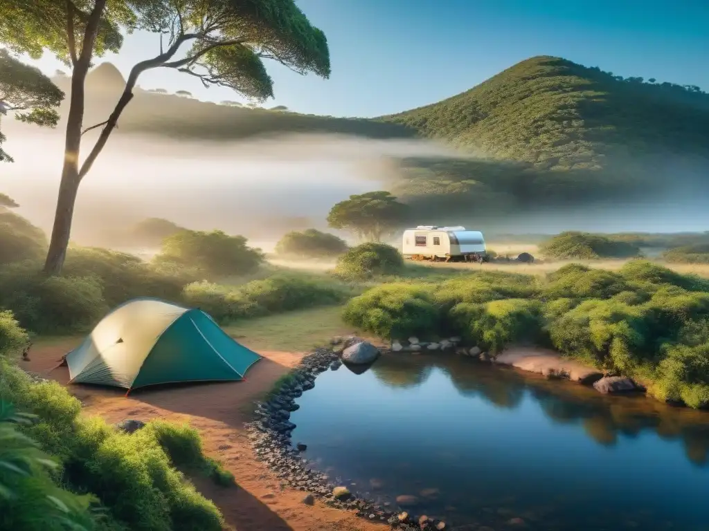 Campamento sereno en la naturaleza de Uruguay con sistema de filtración de agua para acampar