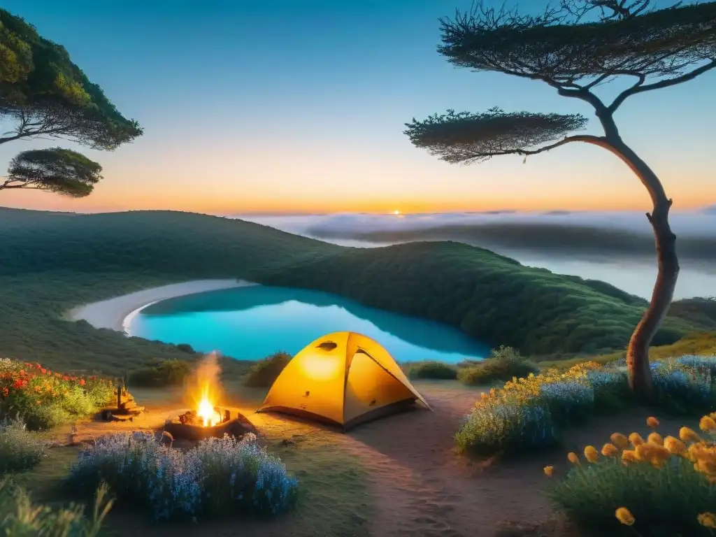 Un campamento sereno en Uruguay, con río turquesa y naturaleza vibrante, ideal para lugares de acampada tranquilos en Uruguay