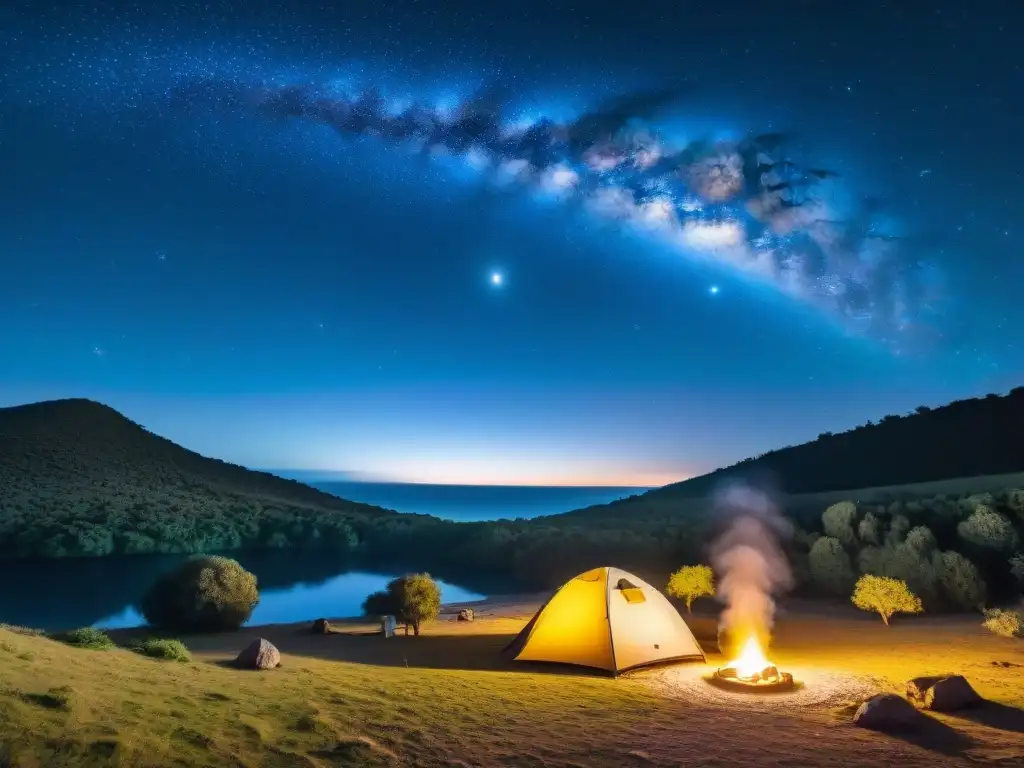 Un campamento sereno en Uruguay de noche, con observación astronómica en camping