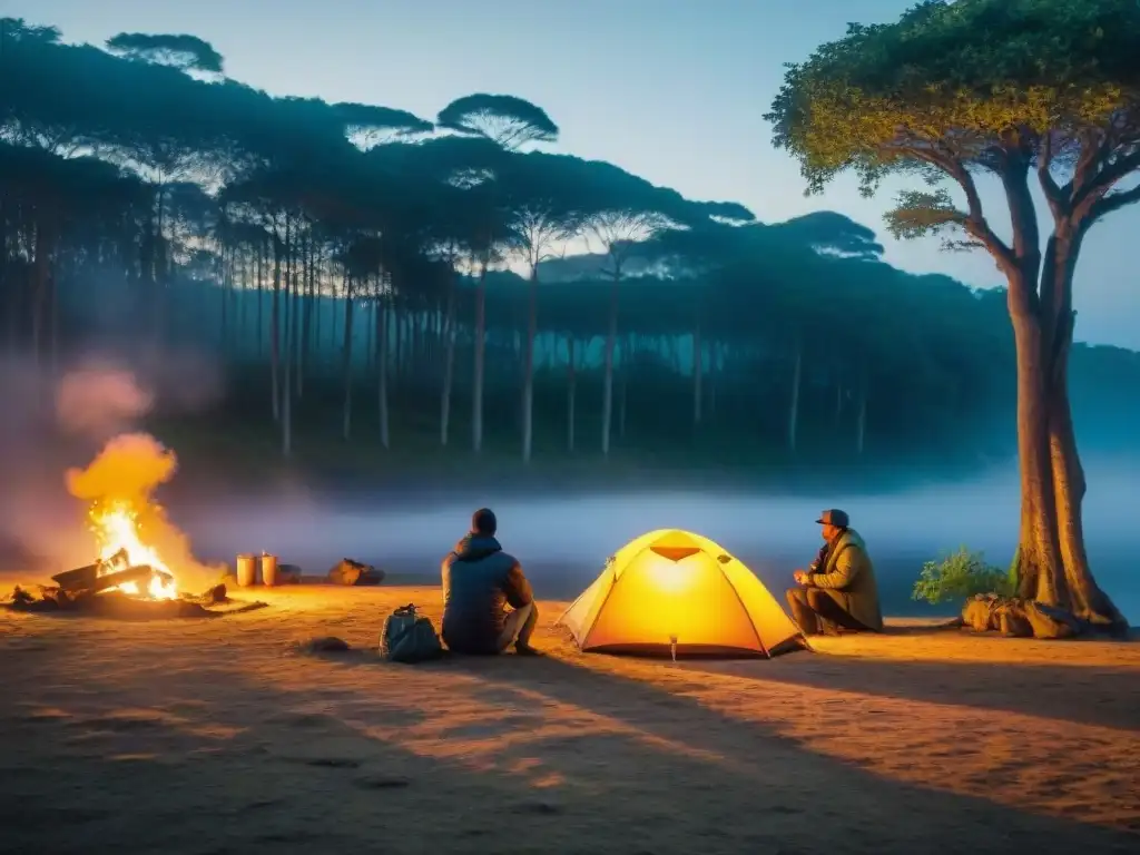 Un campamento sereno al anochecer en el Parque Nacional Aiguá en Uruguay, ideal para acampar