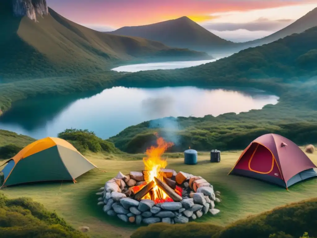 Un campamento sereno al pie de una montaña verde en un parque nacional de Uruguay