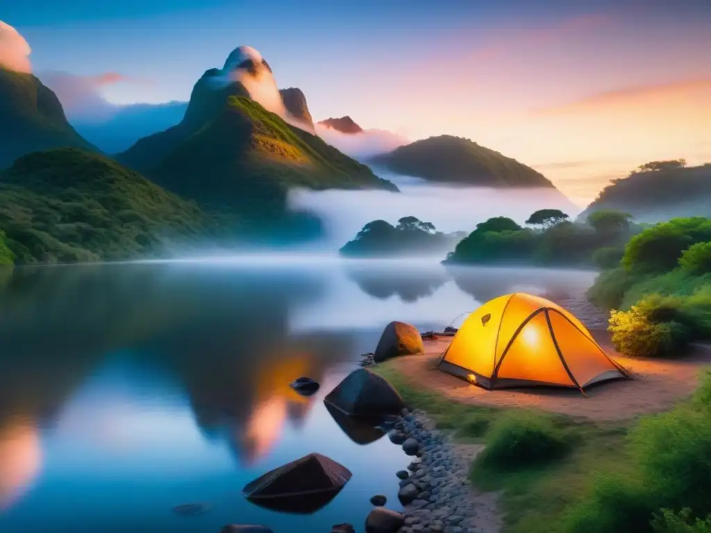 Campamento sereno en el río Uruguay: verde exuberante, fogata crepitante, tienda acogedora y río tranquilo al atardecer